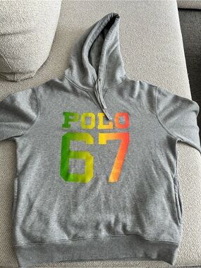 Ralph Lauren Gray Hoodie with Green-Yellow-Orange POLO 67 Graphic